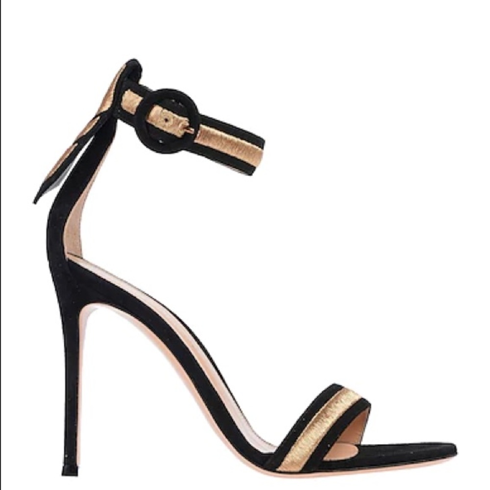 GIANVITO ROSSI Black Portofino heel with gold stitching.